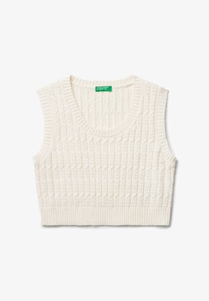 Cremefarbenes, gestricktes, ärmelloses, kurzes Sweater-Westen mit Kabelmuster und Rippstrickbesatz am Ausschnitt, den Armlöchern und dem Saum.