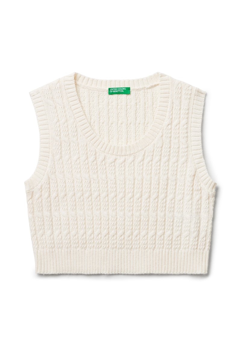Cremefarbenes, gestricktes, ärmelloses, kurzes Sweater-Westen mit Kabelmuster und Rippstrickbesatz am Ausschnitt, den Armlöchern und dem Saum.