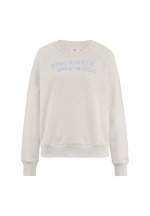 Helle graue Sweatshirt mit Rundhalsausschnitt und gerippten Bündchen. Es hat hellblaue, gestickte Schriftzüge mit der Aufschrift "OFFENE HERZEN OFFENE GEISTER."