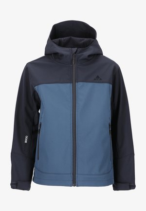 Blau und marineblaue wasserfeste Jacke mit Reißverschluss, Kapuze, strukturiertem Futter und Seitentaschen. Mit Branding am Ärmel.