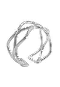 Anello a manica in metallo argentato con un design astratto e ondulato. La superficie texturizzata contrasta con gli accenti lisci e lucidi. Forma aperta.
