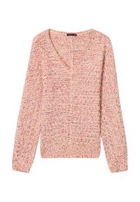 V-Ausschnitt Pullover aus strukturiertem Strick mit einem mehrfarbigen Muster aus pinken, gelben und blauen Fäden. Mit langen Ärmeln und geripptem Saum.
