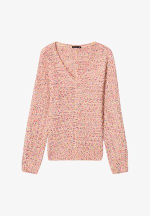 V-halstrui in een gemêleerd breiwerk met een multikleurig patroon van roze, geel en blauwe draden. Heeft lange mouwen en een geribbelde zoom.