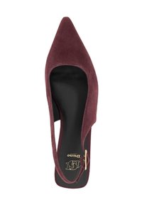 Burgundy velvet pointed-toe slingback shoe with a low heel and a gold accent buckle on the ankle strap. Black insole with branding.