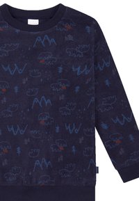 Dunkelblaues Langarm-Sweatshirt aus weichem Stoff, mit einem Bären- und Bergmuster in hellblauen und roten Akzenten.
