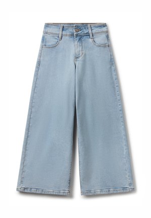 Lichtblauwe denim culottes met een hoge taille, wijde pijpen, vijf zakken en een knoopsluiting. Gladde textuur met een lichte uitwasching.
