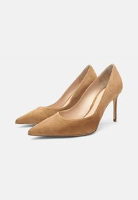 Svijetlosmeđi nubuk pumps s visokim potpeticama i šiljastim vrhom te elegantnim dizajnom. Cipele imaju tanke štikle i glatku unutrašnjost.