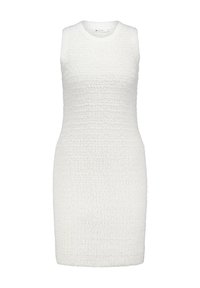 Witte mouwloze jurk van textuurstof, met een aansluitende snit en een ronde halslijn. Fijne golvende patroon door het geheel.