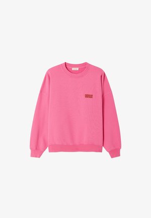 Fuchsia roze sweatshirt met een ronde hals, doorgezakte schouders en geribbelde manchetten. Heeft een klein "AMERICAN VINTAGE" bedrukt logo in bruin.