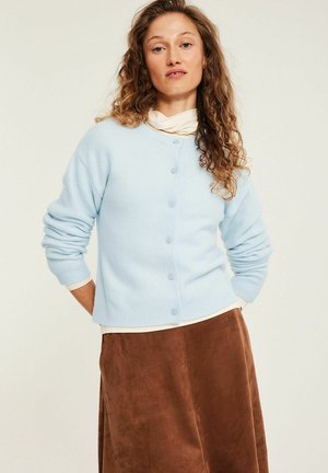 Frau mit lockigem Haar, die eine hellblaue, geknöpfte Strickjacke über einem beigen Top und einem braunen Wildlederrock trägt, vor einem schlichten Hintergrund stehend.
