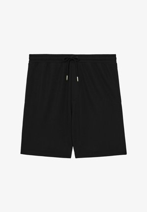 Shorts negri dintr-un material ușor, cu talie elastică și șnur. Prezintă un design simplu, fără decoratiuni.