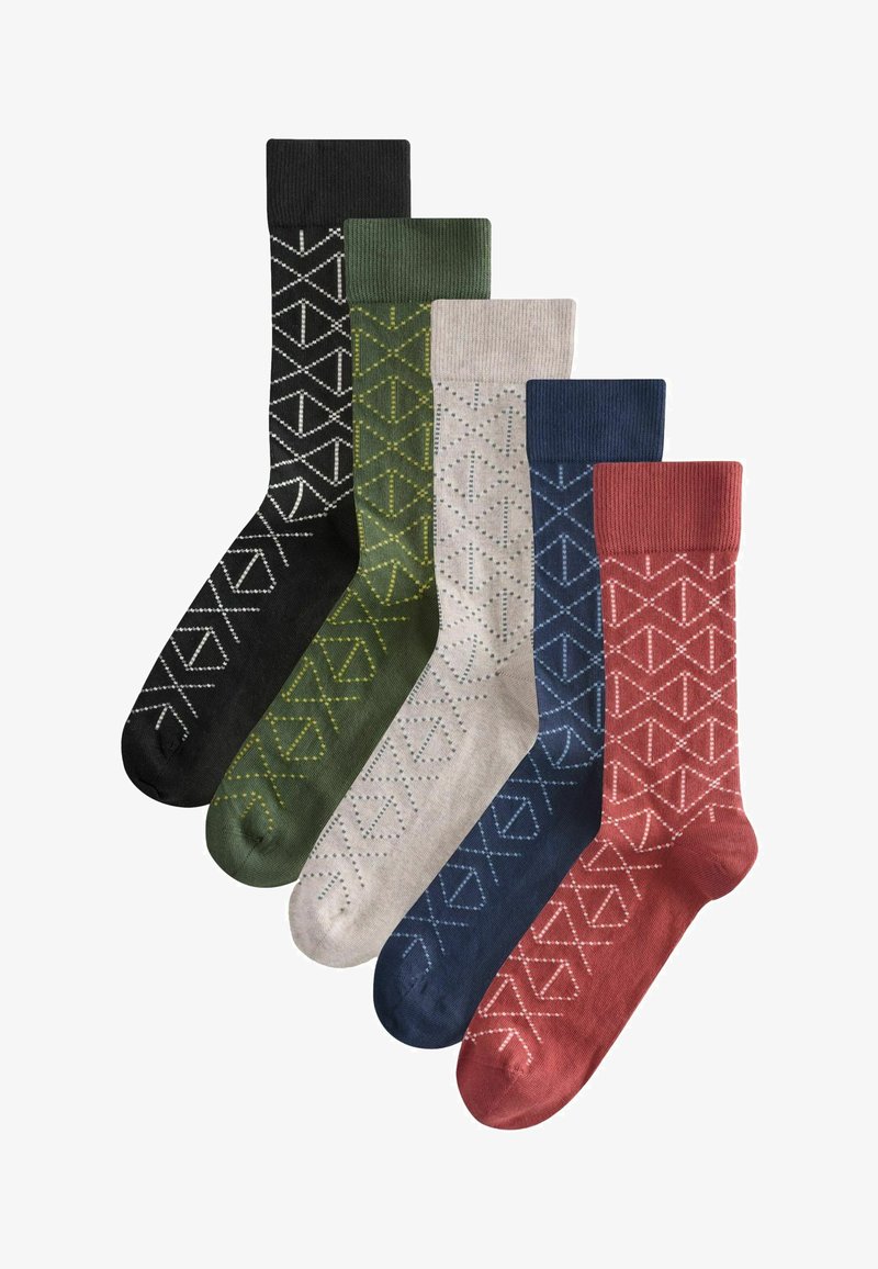 Five pairs of patterned socks in black, green, beige, navy, and red; featuring geometric designs and ribbed cuffs. Soft knit material.