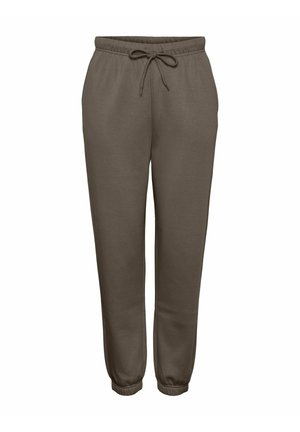 Brune joggebukser laget av myk stoff, med elastisk midje og snor, samt ankel mansjetter som er tettsittende.