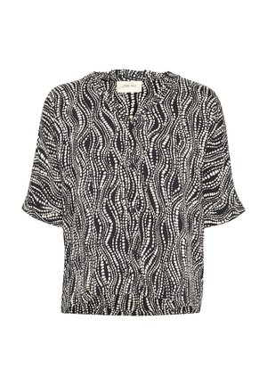 Čierna blúzka s krátkymi rukávmi a bielym vlnitým vzorom, s výstrihom do V a gombíkovým zapínaním, vyrobená z ľahkej tkaniny.