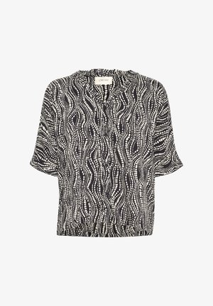 Black short-sleeve blouse with a white wavy pattern, featuring a V-neck and button closure, made from lightweight fabric.