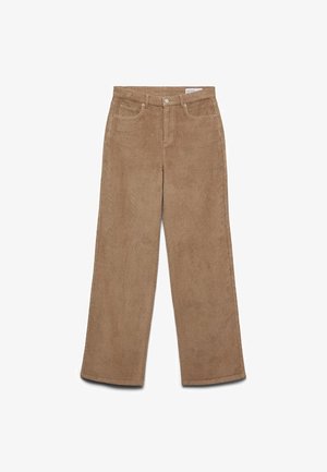 Laiad säärega triibulised püksid pruunis värvitoonis. Iseloomustab tekstuurse kangaga materjal, viis taskut ja nööpidega kinnis. Otse lõikega puusast alumise ääreni.