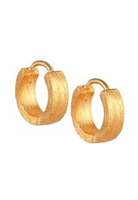 Orecchini a cerchio placcati in oro con una finitura testurizzata e spazzolata. Forma circolare con un design leggermente aperto. Finiture in oro lucido.