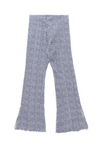 Flared broeken gemaakt van lichtgewicht stof met een blauw-wit bloemenpatroon. De zoom heeft een gerimpeld ontwerp voor extra textuur.
