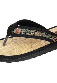 Black flip-flop featuring a textured synthetic strap with colorful floral pattern, a flat brown straw-textured footbed, and a silver toe post.