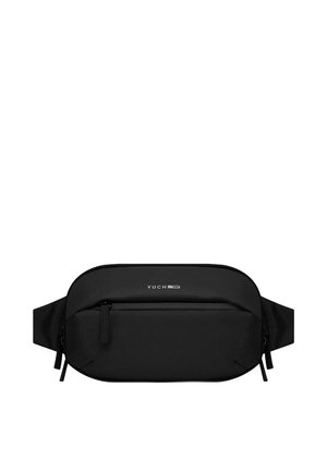 Black fanny pack made of textured material, featuring a main zip compartment, front pocket, and adjustable strap. Brand logo is visible.