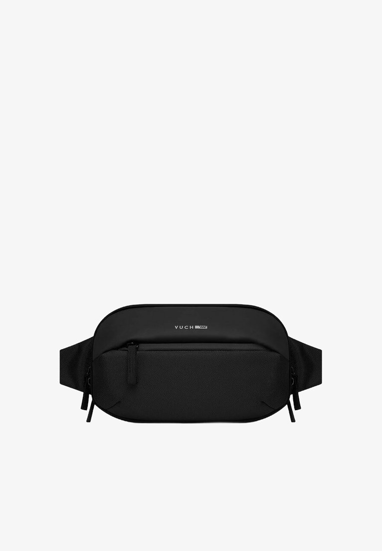 Black fanny pack made of textured material, featuring a main zip compartment, front pocket, and adjustable strap. Brand logo is visible.