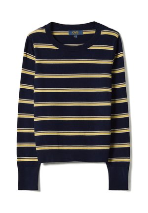 Navy blue crewneck sweater with long sleeves, featuring horizontal yellow and white stripes and ribbed cuffs and hem.