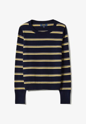 Maglione girocollo blu navy con maniche lunghe, caratterizzato da strisce orizzontali gialle e bianche e da polsini e orlo a coste.