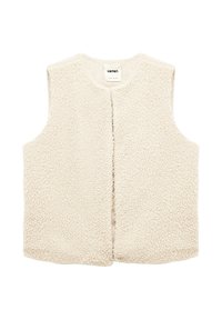 Kermavaiheessa oleva ilman hihoja oleva shearling-takki, jossa on pyöreä kaula-aukko ja auki oleva etuosa. Teksturoitu pehmeä fleece-kangas.