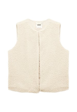 Kermavaiheessa oleva ilman hihoja oleva shearling-takki, jossa on pyöreä kaula-aukko ja auki oleva etuosa. Teksturoitu pehmeä fleece-kangas.