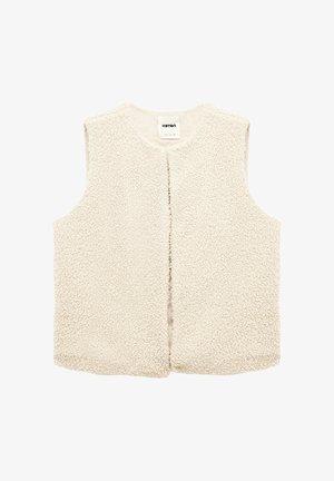 Crèmekleurige mouwloze schapenvacht vest met ronde halslijn en open voorkant, van zacht en gestructureerd fleecestof.