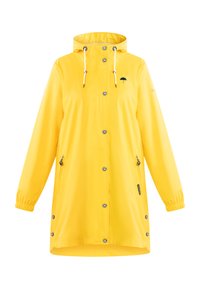 Raincoat giallo con cappuccio, bottoni a pressione, tasche laterali e polsini elasticizzati. Realizzato in materiale impermeabile con dettaglio del logo dell'ombrello.