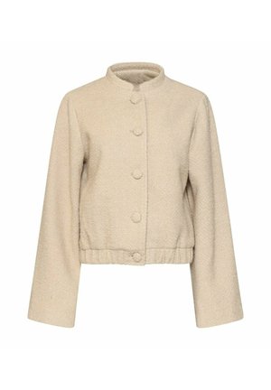 Beige getextureerd jasje met opstaande kraag, lange mouwen, elastische zoom en vijf bedekte knopen aan de voorkant.