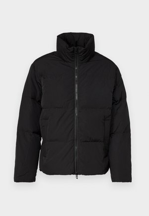 Black puffer jacket featuring a high collar, zip closure, and horizontal quilted pattern. Made from lightweight, water-resistant material.