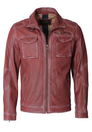 Rote Lederjacke mit einem Reißverschluss und vier Fronttaschen. Sie verfügt über einen Stehkragen und eine feine Textur sowie eine kontrastierende Innenauskleidung.