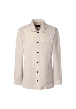 Veste beige clair en coton. Comprend un col pointu, une fermeture à boutons à l'avant, deux poches à rabat et des manches longues avec des poignets à bouton.