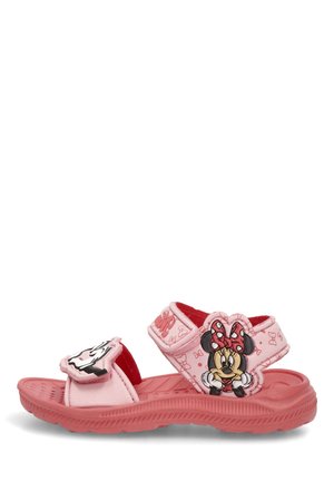 Sandalia infantil rosa con Minnie Mouse con un lazo rojo, correas ajustables y una suela texturizada para mejor agarre.