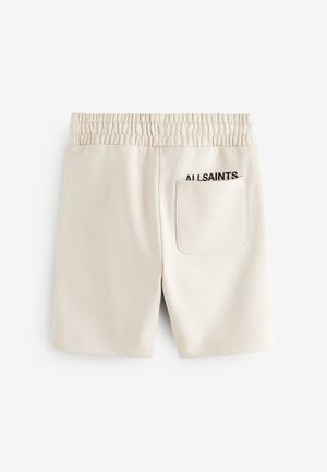 Beiget shortsit, jotka on valmistettu sileästä kankaasta. Niissä on joustava vyötärönauha, yksi takatasku ja mustalla painettu "ALLSAINTS"-logo.