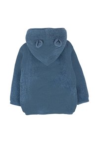 Felpa blu lavorata a maglia con una superficie testurizzata, dotata di un grande cappuccio e due accentuazioni rotonde in tessuto nella parte superiore, maniche lunghe e una vestibilità ampia.