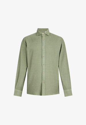 Svetlo zelena bluza s dolgimi rokavi in gumbom na ovratniku, ki ima gumbasto zapiranje in teksturirano tkanino.