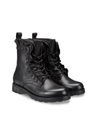 Stivaletti in pelle nera con design allacciato, colletto arricciato e borchie in argento lungo i lati. Suola in gomma robusta con dettagli sulla suola.