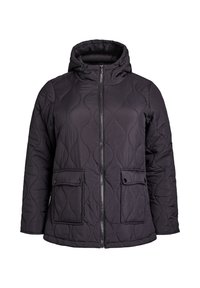 Juoda siuvinėta striukė su gobtuvu, priekyje užtrauktukas, du kišenės su spaustukais, lygi tekstūra ir bangų raštas audinyje.