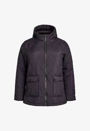 Giacca nera trapuntata con cappuccio, cerniera frontale, due tasche con bottoni a pressione, texture liscia e motivo a onde sul tessuto.