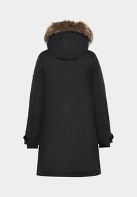 Sort parka-jakke lavet af vandafvisende materiale, med en hætte der er foret med kunstpels, lange ærmer og sidejusteringer med velcro.