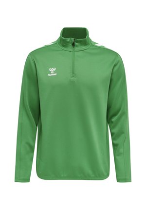Green long-sleeve sports pullover with a quarter-zip, stand-up collar, white logo on chest, and white chevron stripes on shoulders.