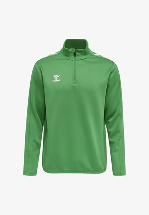 Green long-sleeve sports pullover with a quarter-zip, stand-up collar, white logo on chest, and white chevron stripes on shoulders.