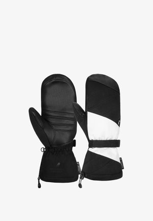 Pair of black and white insulated mittens with adjustable wrist straps and drawstring closures for winter wear.