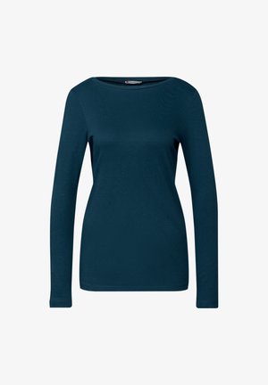 Langærmet top i mørk teal, lavet af glat stof. Har en rund halsudskæring og tætsiddende design. Enkel, ensfarvet uden mønstre.
