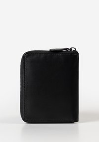 Black leather wallet with a zip closure, featuring a smooth texture and rounded corners, without visible patterns or hardware accents.
