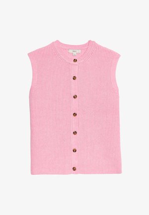 Gebreid roze mouwloos vest met een ronde hals en een knoopsluiting aan de voorkant met houten knopen, de textuur is geribbeld.