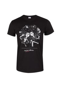 Černé bavlněné tričko s živým bílým grafickým designem stylizovaných tváří s dlouhými vlasy. Pod uměním je text "Junji Ito Collection".